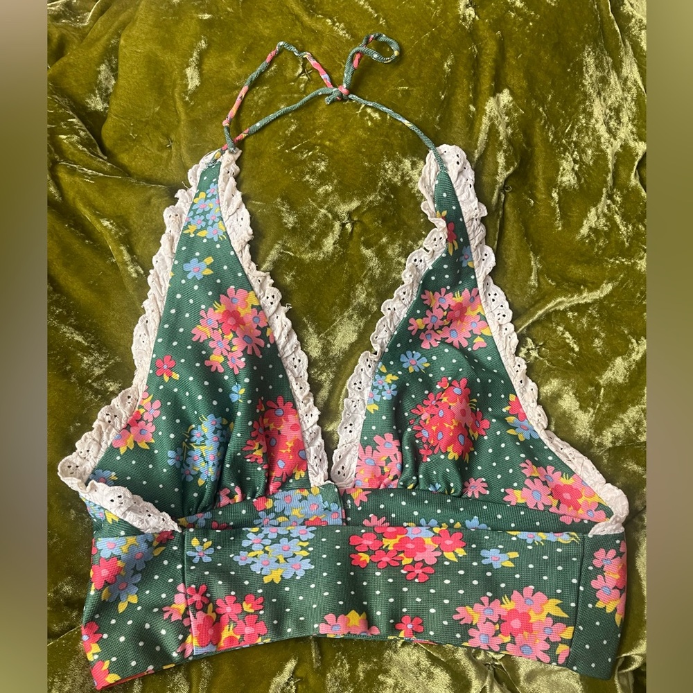 Vintage 1970s floral halter lace button flower green top boho chic - Picture 5 of 16